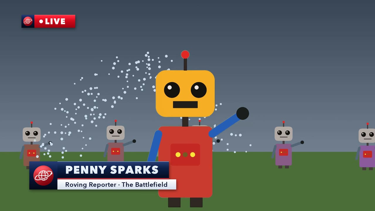 A toy robot reporter keyed out of a painted wall and into a robot battlefield